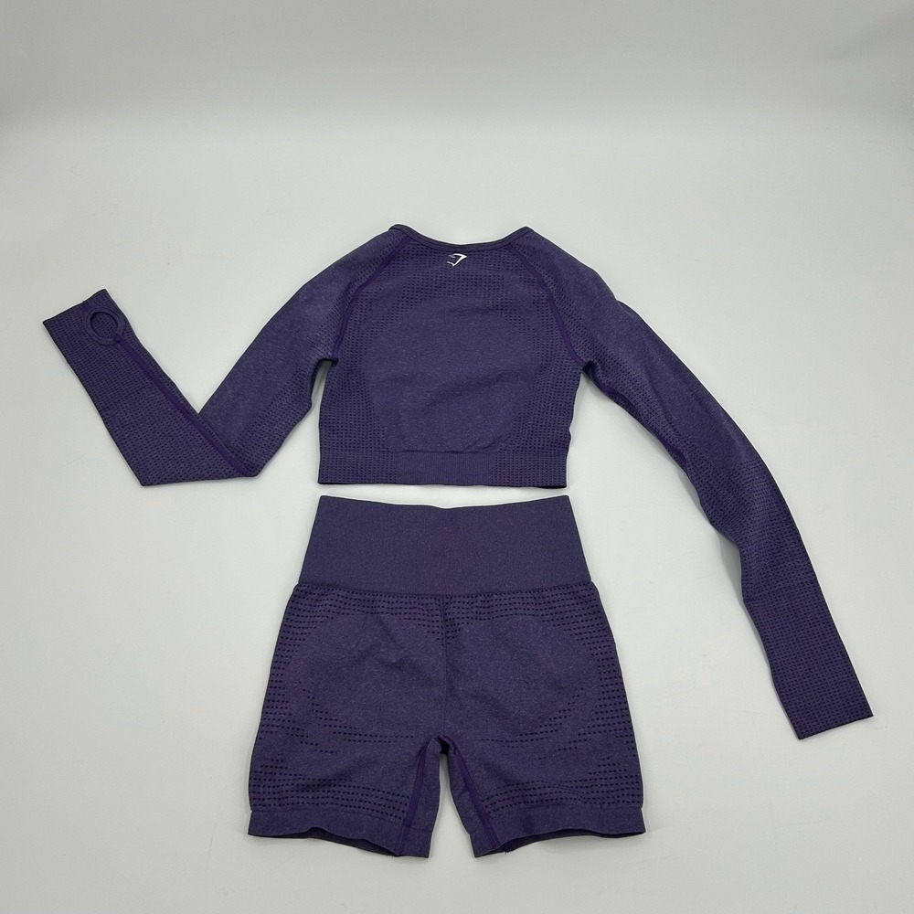 Gymshark Vital Seamless 2.0 Purple Long Sleeve Crop Top and Shorts Set Womens XS - Picture 10 of 12
